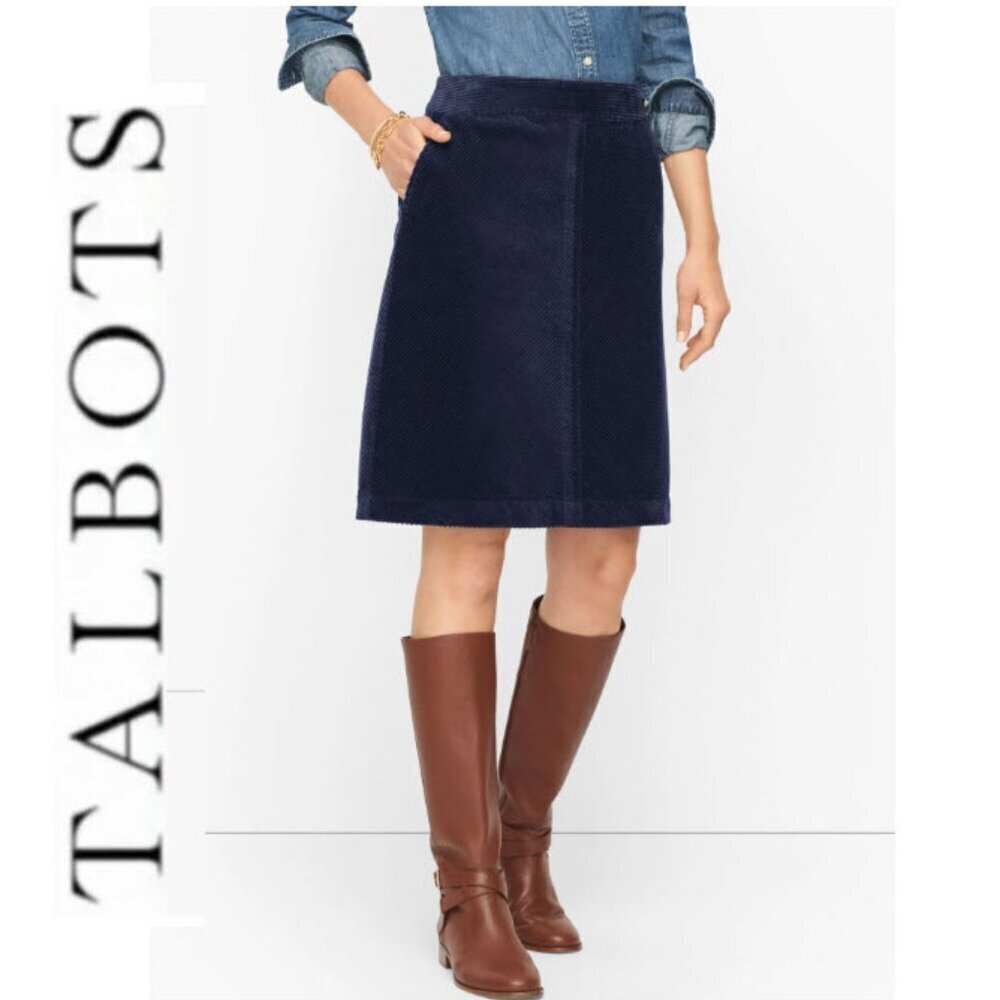 Talbots Navy Blue Skirt Corduroy Size 8P Preppy Quiet Luxury Chic